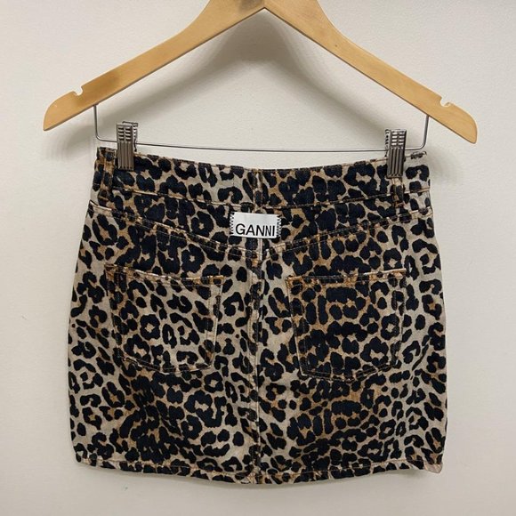 Ganni Leopard-Print Denim Mini Skirt Size 34/US2 - Picture 2 of 8